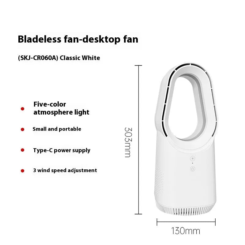 White bladeless tower fan with touch controls and remote on wooden desk