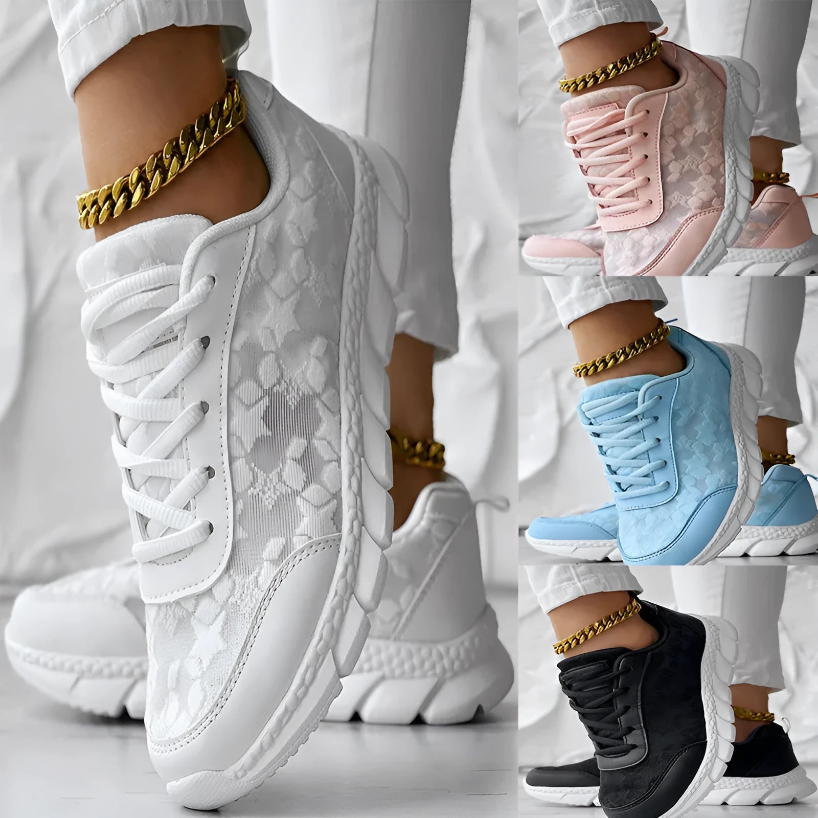 Women's white canvas running shoes with flat heel and round toe on a plain background.