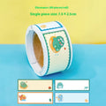 Roll of 60 colourful cartoon name stickers featuring dinosaur, astronaut, rabbit, and girl character designs