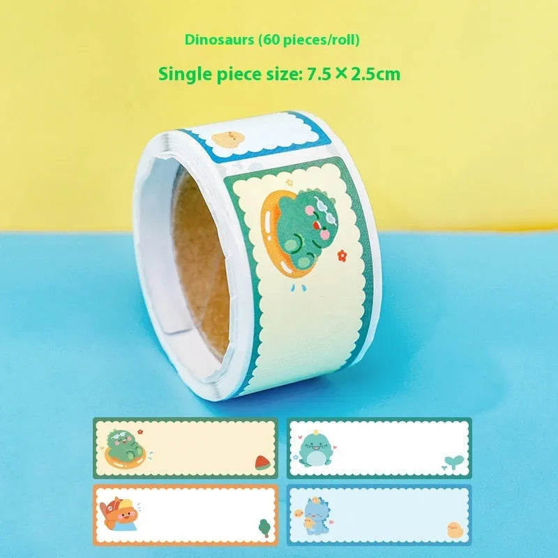 Roll of 60 colourful cartoon name stickers featuring dinosaur, astronaut, rabbit, and girl character designs
