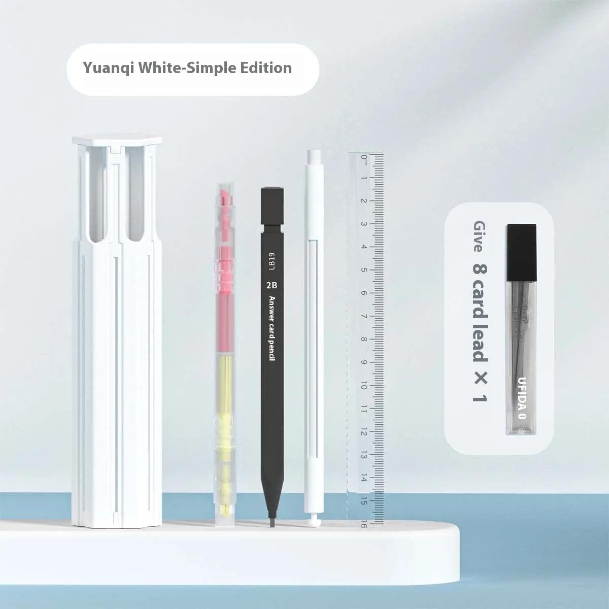 Plastic pressing pen kit with pencil case holding six pens in sky blue, vigorous white or girl pink colours