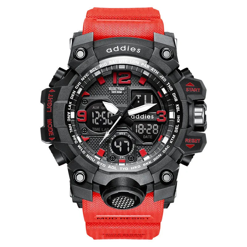 Men's electronic sports watch with dual analogue and digital display showing black plastic case and strap