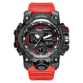 Men's electronic sports watch with dual analogue and digital display showing black plastic case and strap