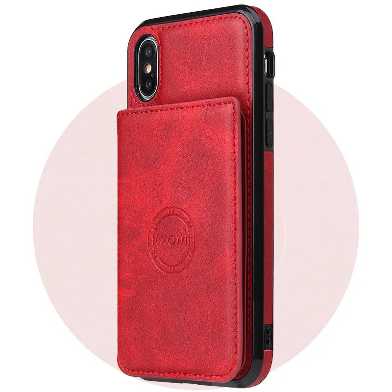 Imitation leather wallet phone case in various colours showing card slots, fitted on an iPhone.