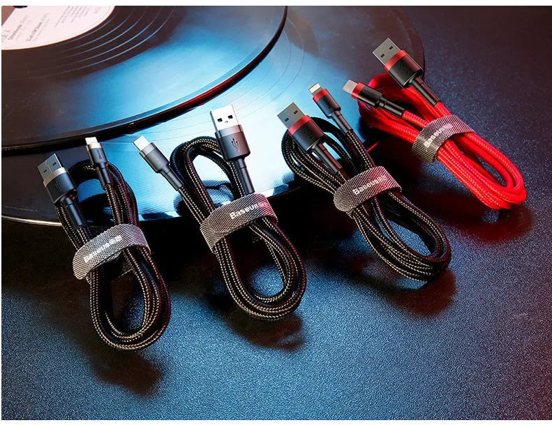 Red and black USB-C to Lightning charging cable for Apple devices with 1 metre length and fast charging capability