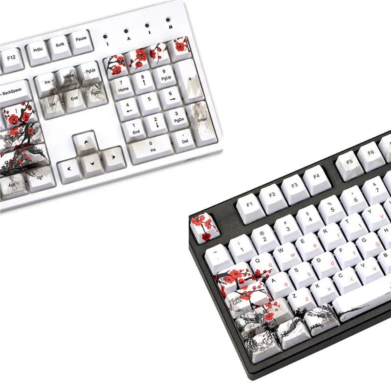 PBT Wangjiang plum blossom design keycap set for mechanical keyboards, showing Korean and Japanese legends.