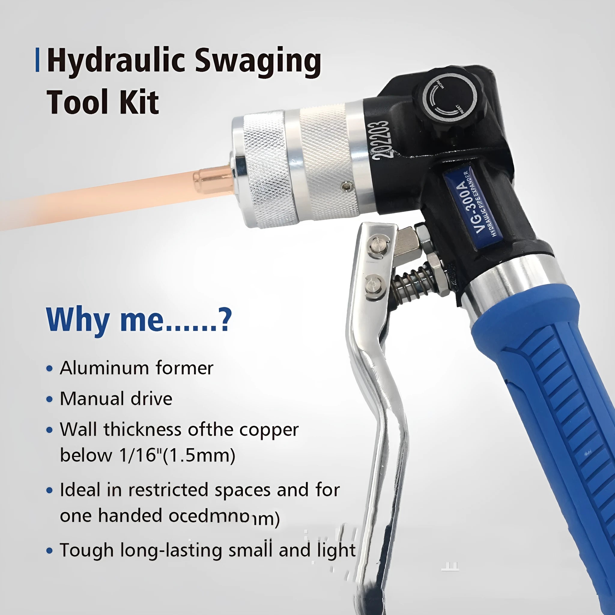 VG-300 style hydraulic tube expander tool made from high-strength alloy steel for refrigeration maintenance.