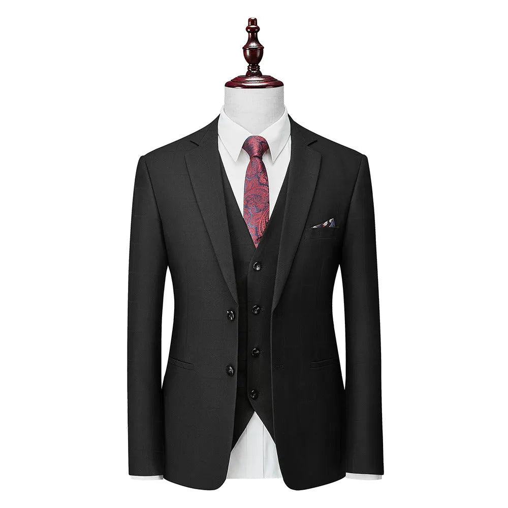 Men's navy blue slim fit three-piece plaid business casual suit with jacket, vest and trousers