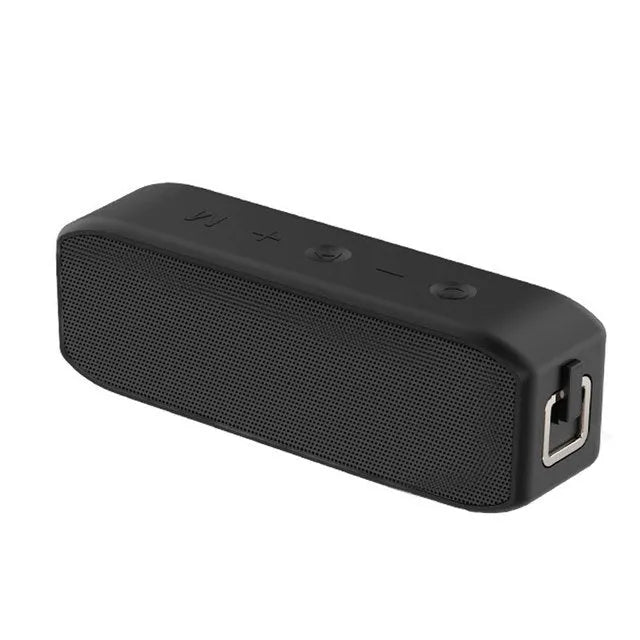 Black waterproof wireless Bluetooth speaker with 20W output power and 12-hour battery life
