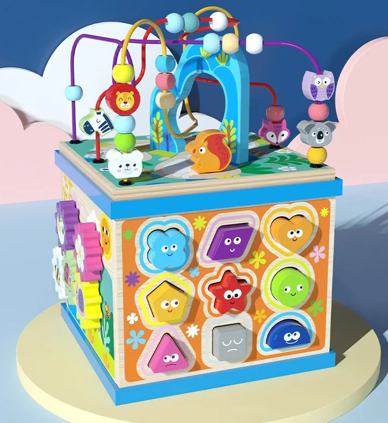 Blue wooden bead treasure box toy with multifunctional scenes for children's development