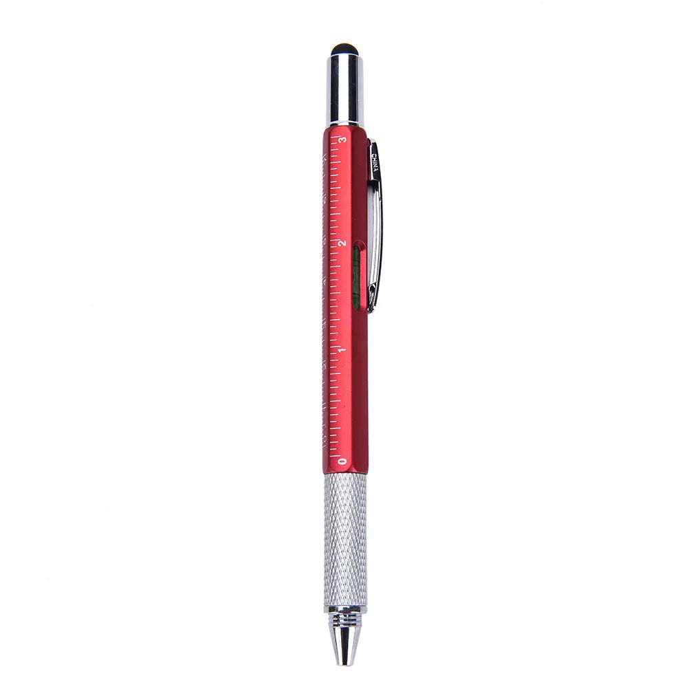 Black 6 in 1 multi-function touch screen stylus ballpoint pen with spirit level and screwdriver tips on white background