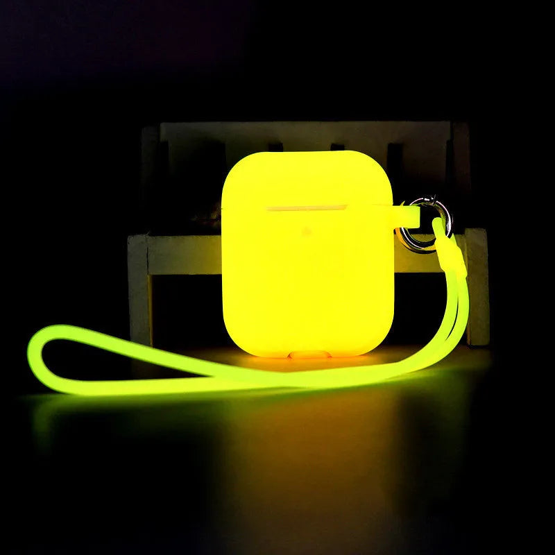 Luminous silicone AirPods case with integrated carrying strap in blue colour