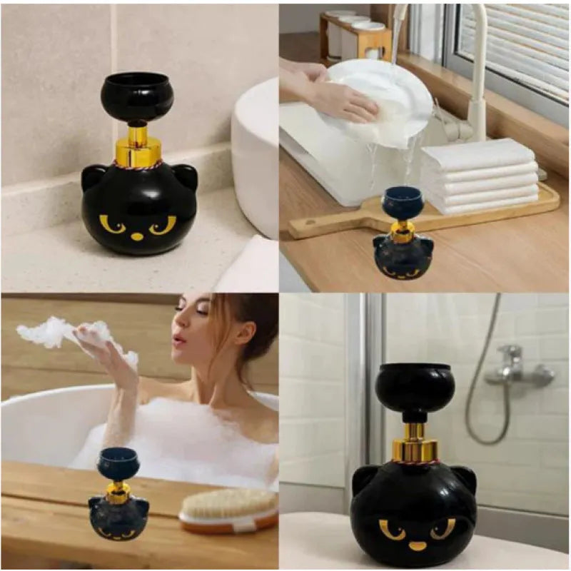Black cat-shaped plastic soap dispenser with cartoon decoration