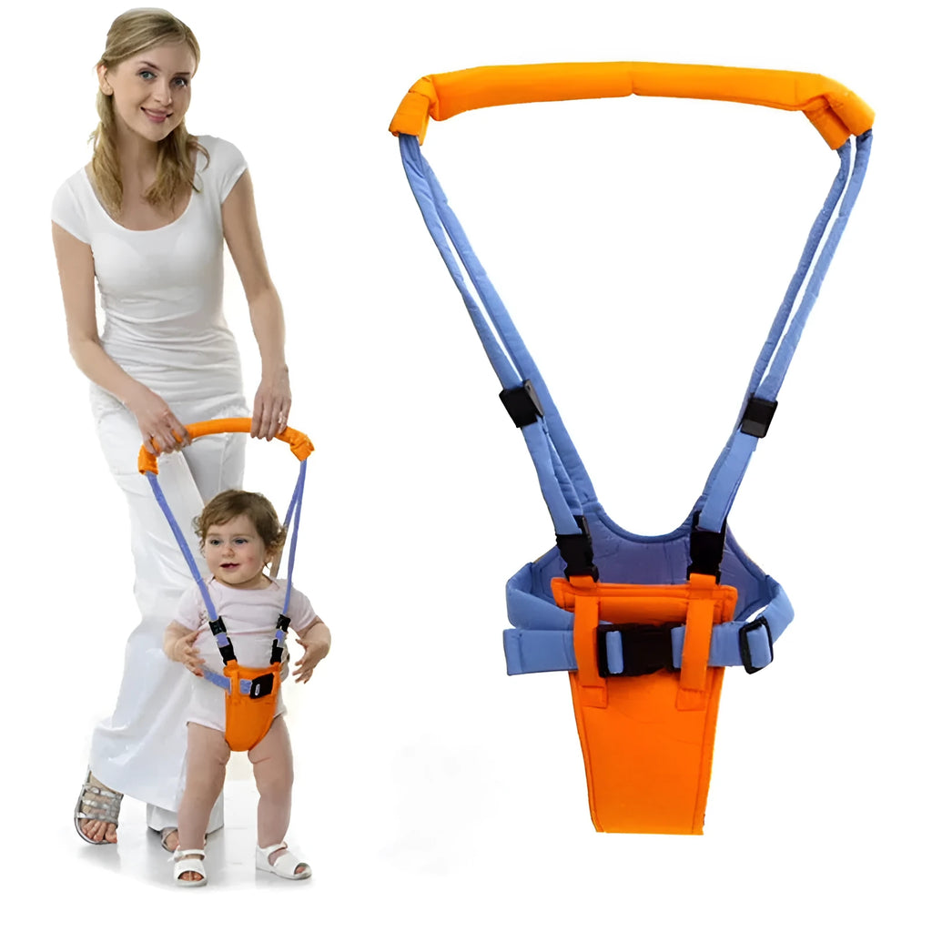 Baby toddler harness walk learning assistant in orange and blue with adjustable 52-62cm strap