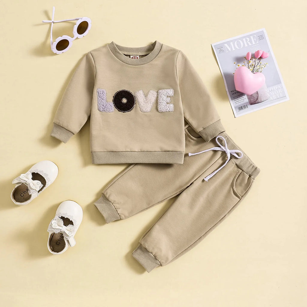 Fashion boys and girls spring autumn cotton suit with cartoon letter patterns in apricot and khaki