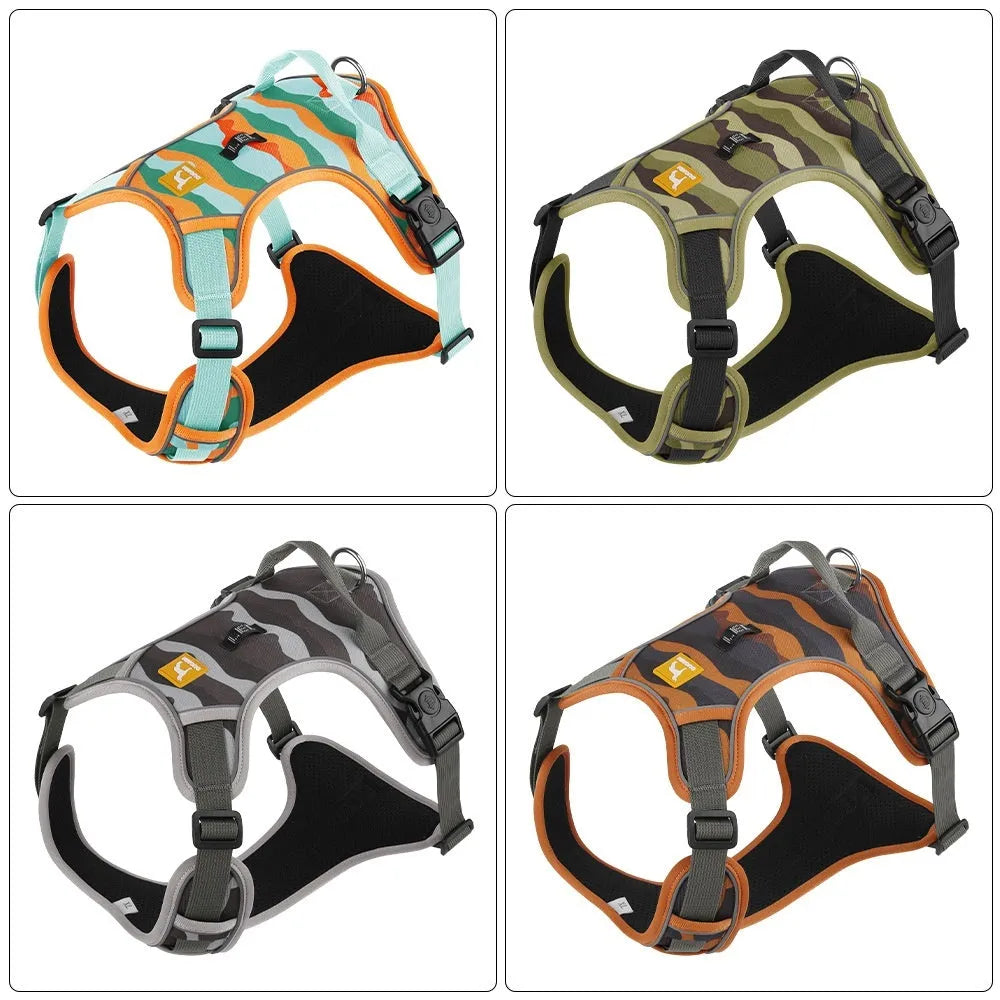 Adjustable dog leash with reflective strips on the chest and back harness, made from orange Oxford cloth.