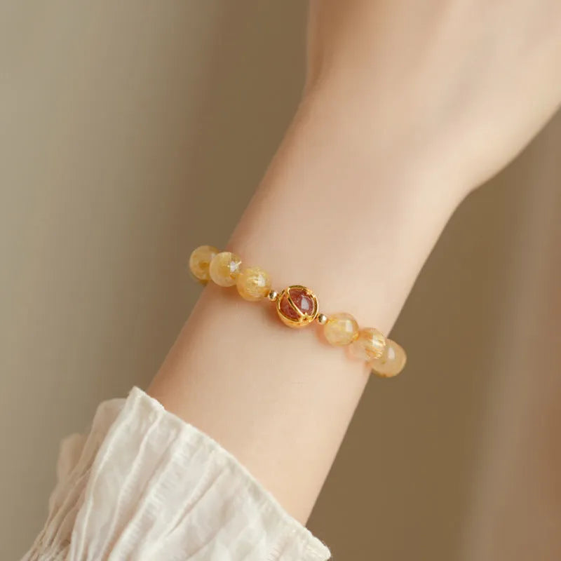 Natural citrine gold rutilated quartz crystal bracelet in Korean diamond style