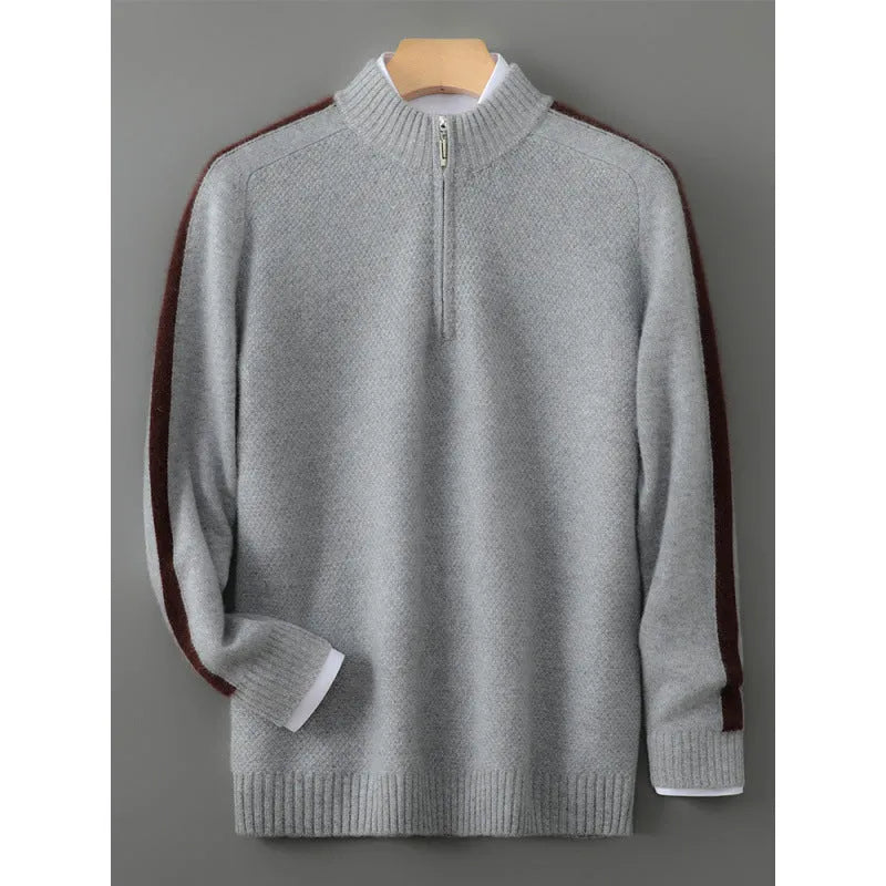 Sheep wool half-zip round neck knitted sweater in slim fit plus size design