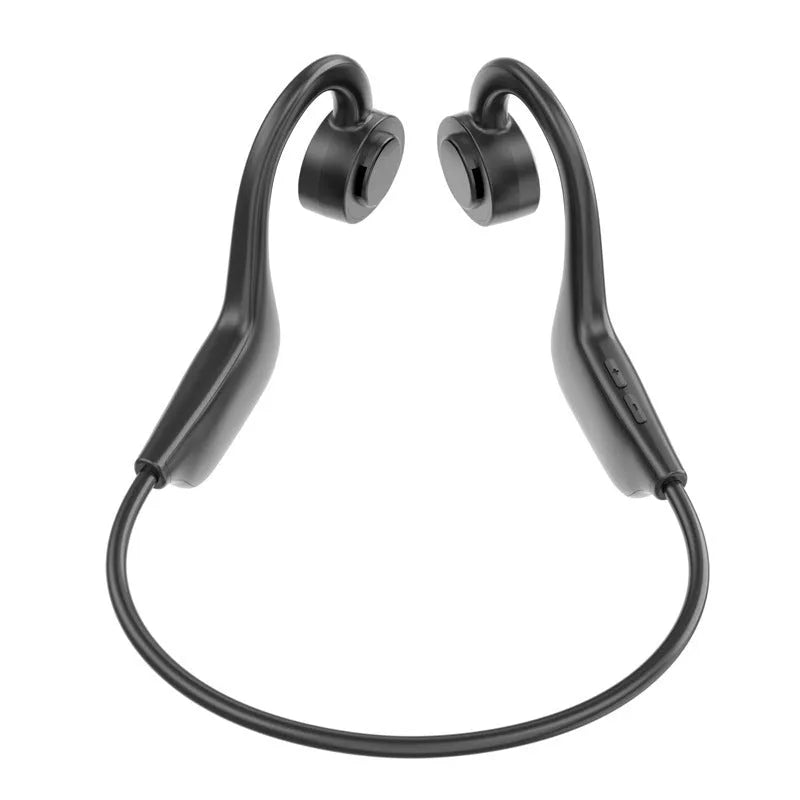 Black wireless Bluetooth earbuds with ear-hook design for sports and active use