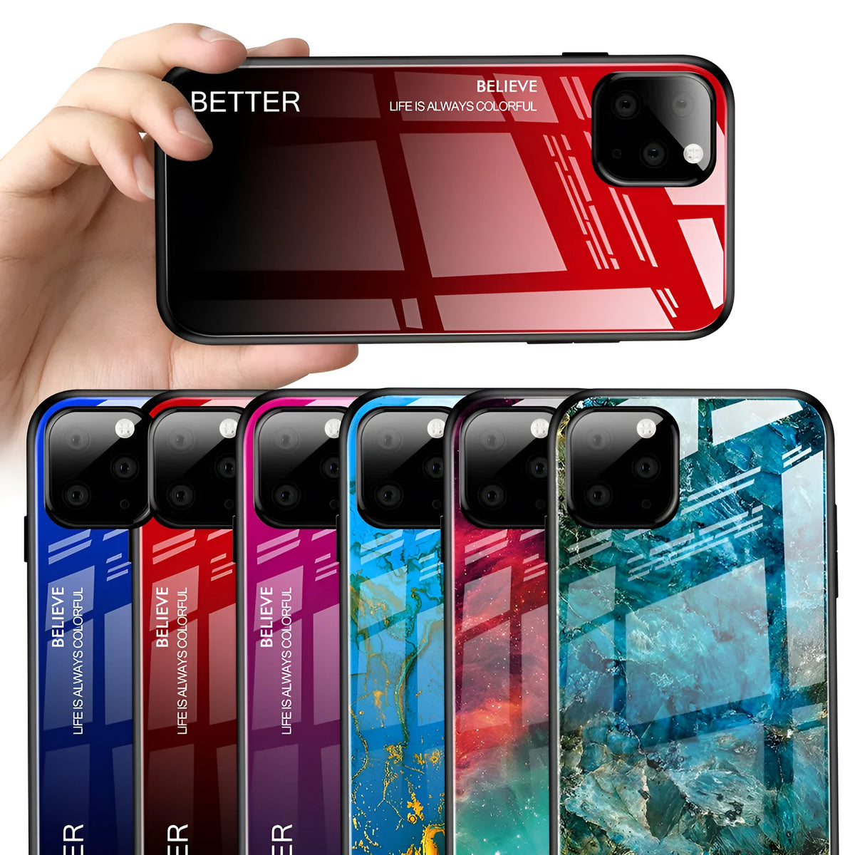 Gradient glass phone case with TPU edges and glass back, 1.5mm slim fit, showing colour gradient on iPhone