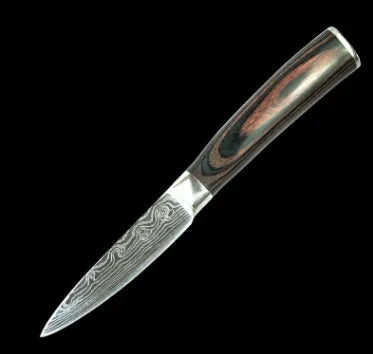 Kitchen knife set with 7Cr17 steel blades showing laser Damascus patterns and coloured wood handles