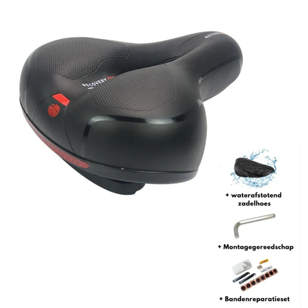 Thickened silicone bicycle saddle cushion with PU leather cover and included waterproof cover, wrench, and tyre patch