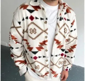 Men's white shirt jacket with retro ethnic print, lapel collar, and long sleeves on a model