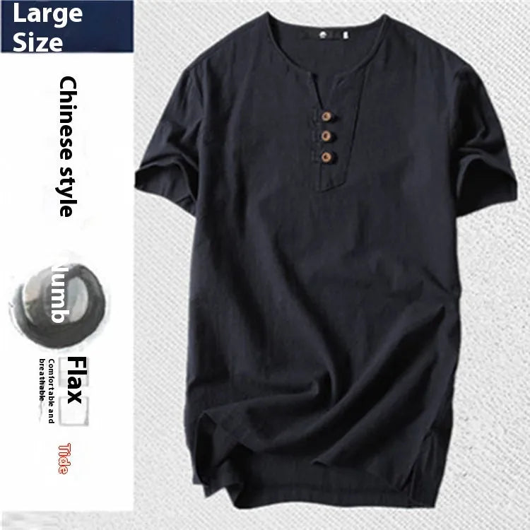 Man wearing a loose apricot coloured cotton short sleeve T-shirt.