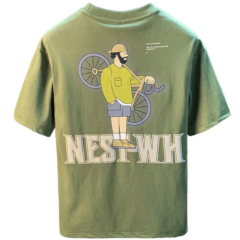 Green men's loose fit printed short sleeve t-shirt on a hanger