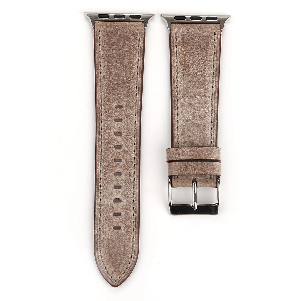 Leather watch strap with folding buckle shown in multiple colour options.