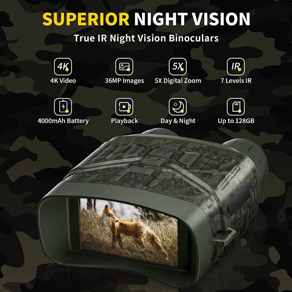 Black night vision instrument with display screen showing night-time imagery and control buttons