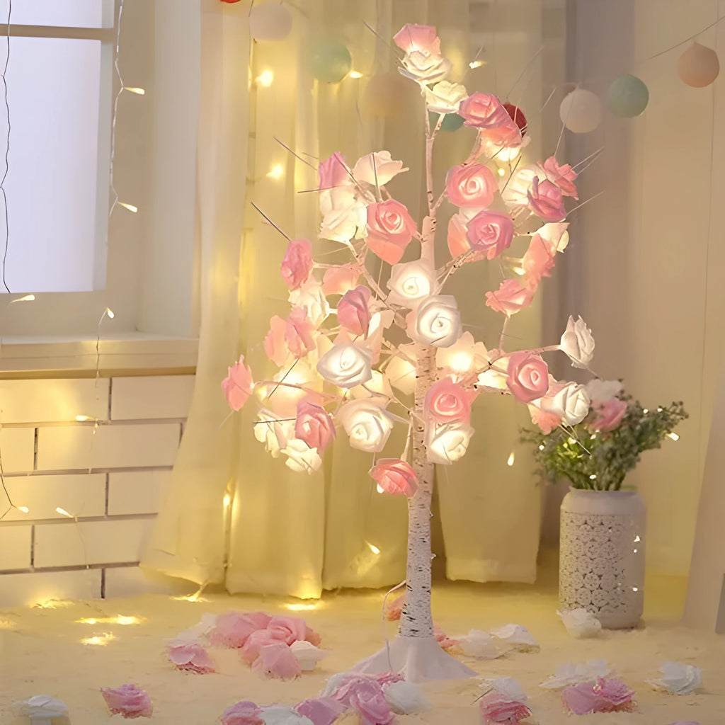 60cm Christmas Rose Shining Tree Lamp with pink and white rose flowers, USB battery dual-use
