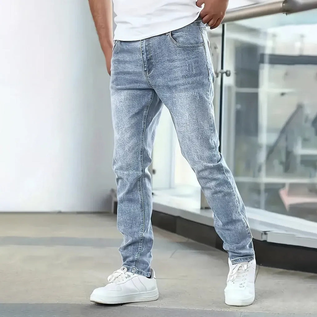 Men's stretch jeans in straight leg skinny fit with cotton-spandex fabric in black, dark blue or grey colours
