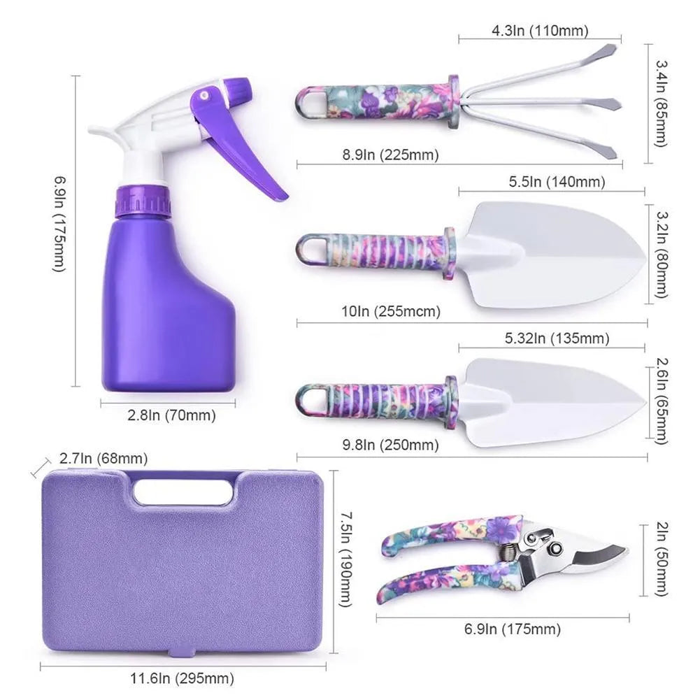 Ten-piece purple gardening tool set with sandblasted anti-rust coating and plastic handles in a box