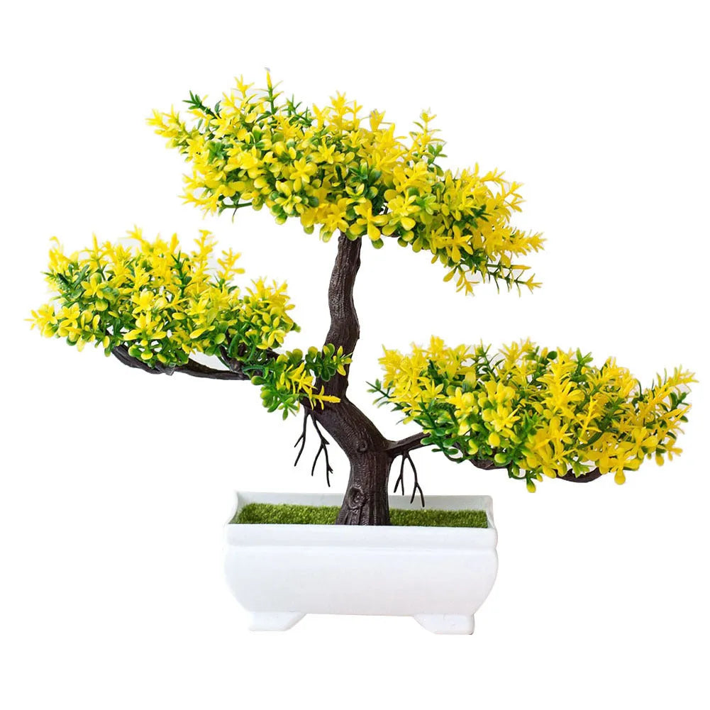 Artificial plastic flower bouquet in bonsai potted plant style with pink and white blooms