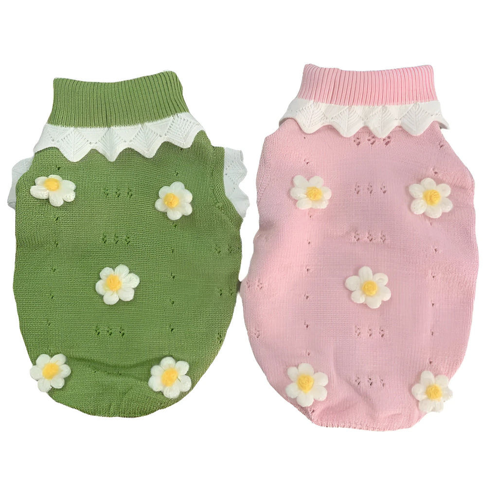 Green flower blossom knitted sweater for a small dog on a white background.