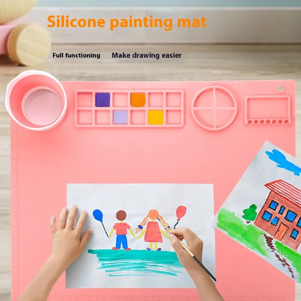 Silicone painting mat for watercolours in green colour, showing 50x40cm size and smooth surface