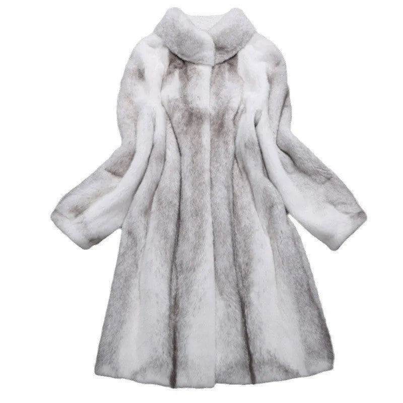 White women's faux fur coat with a stand-up collar and regular sleeves