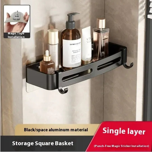 Gun grey punch-free bathroom corner storage rack with triangle basket mounted on wall.