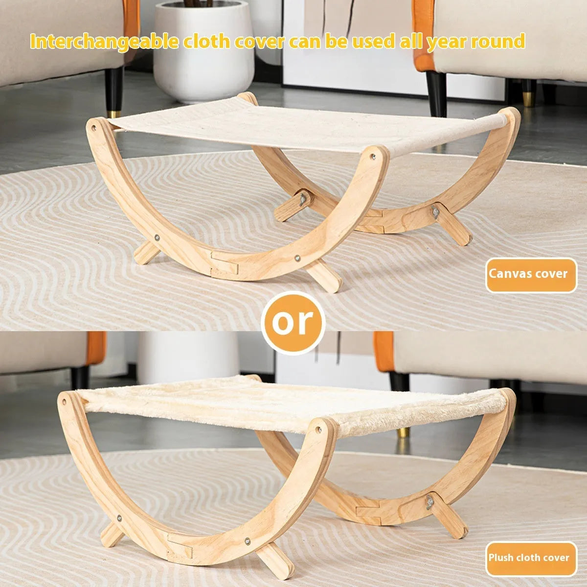 Solid wood foldable cat hammock bed with neutral brown frame and fabric matting
