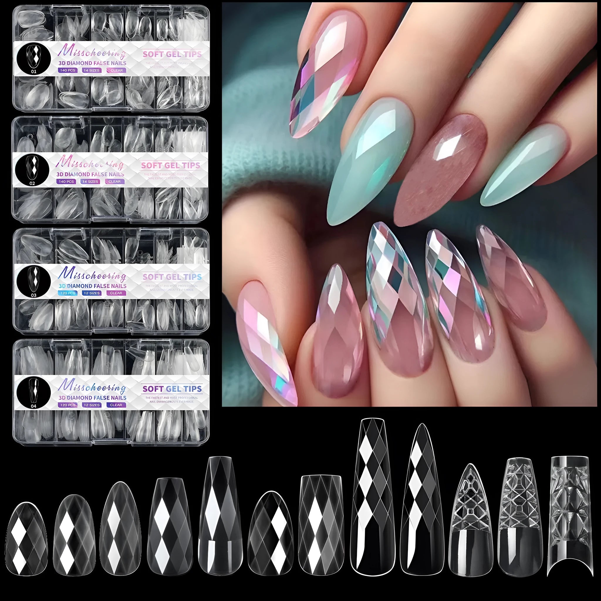 3D diamond wear long shaping artificial nail tips in twelve different colour options