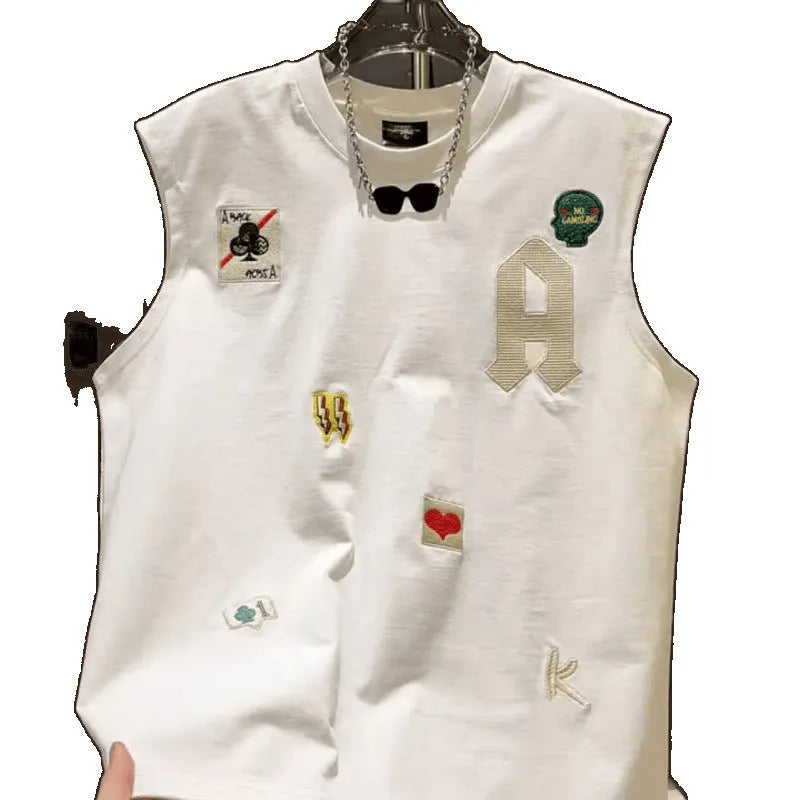 Men's loose-fit cotton sleeveless vest with a cartoon print, shown in black.