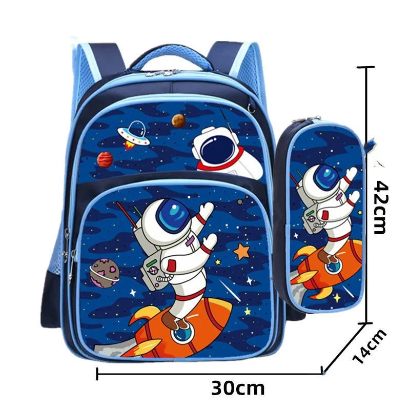 Blue children's nylon backpack with anime cartoon print and a matching pencil case.