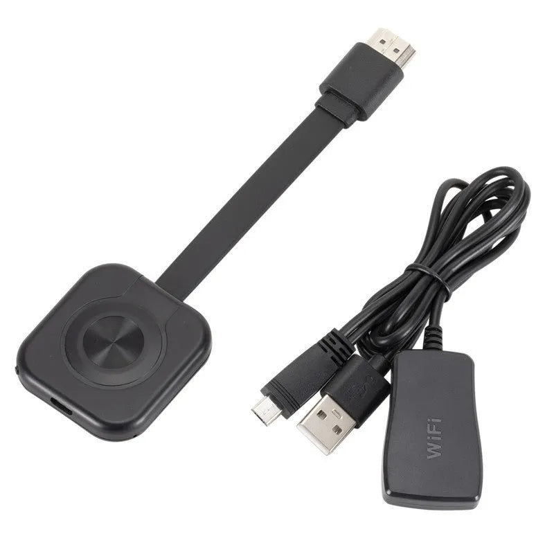 Compact wireless HDMI transmitter for screen mirroring with mobile phones, shown with data cable.