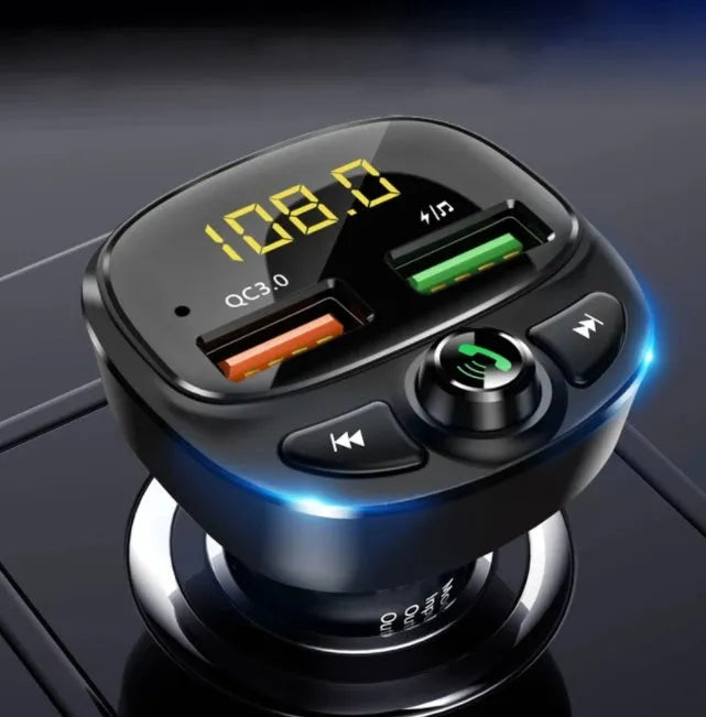 Compact car MP3 player with Bluetooth FM transmitter and Quick Charge 3.0 USB port for hands-free calling and music streaming