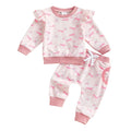 Pink bow print long sleeve top and trousers suit for baby girls, two-piece set with pullover