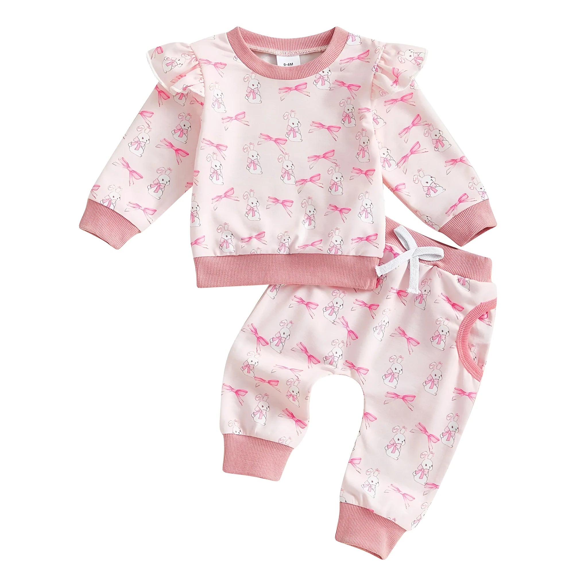 Pink bow print long sleeve top and trousers suit for baby girls, two-piece set with pullover