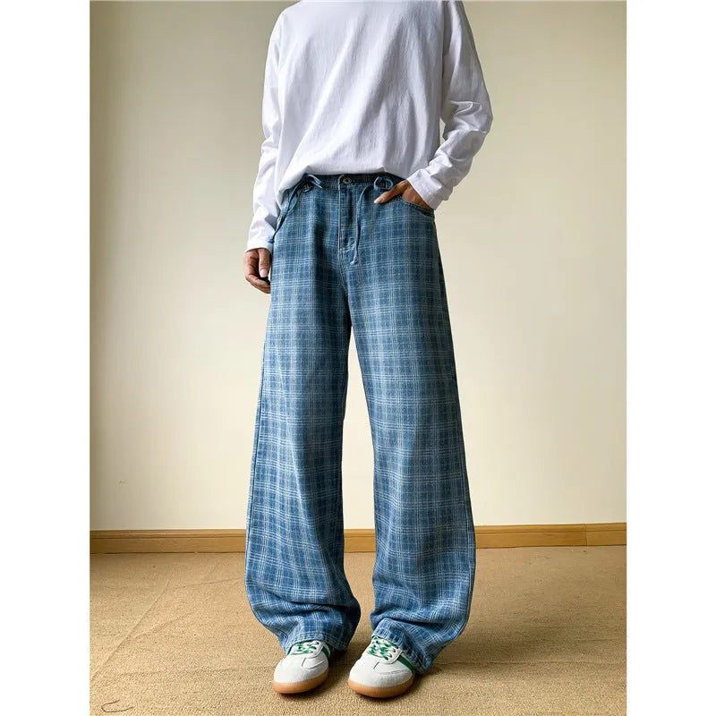 Retro blue plaid wide-leg skinny jeans in cotton denim with mid waist and zip fly