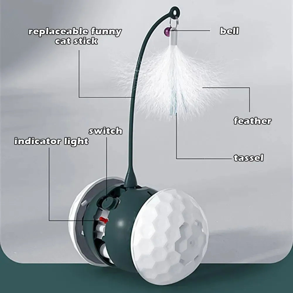 Red or white tumbler cat teaser toy with feather attachment, 71.5mm x 209mm, USB rechargeable