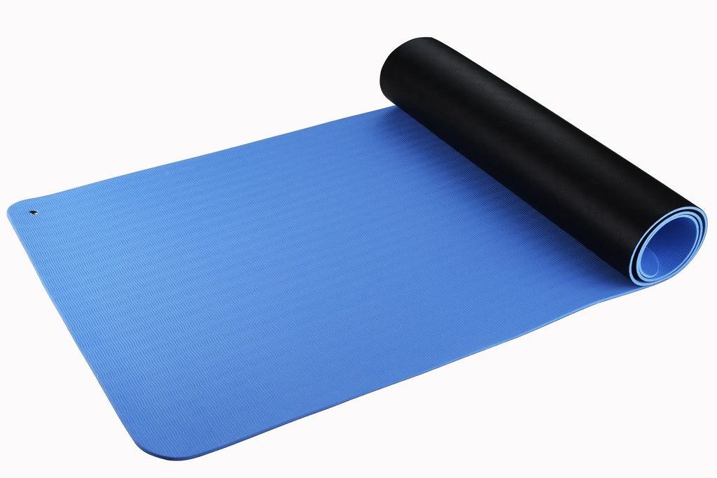Blue yoga mat with plant patterns, showing grounding wire and non-slip texture.